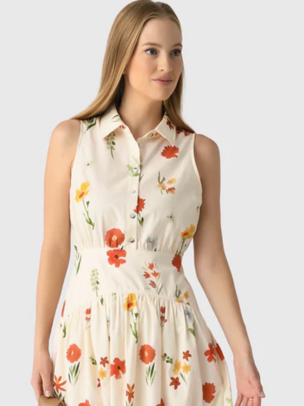 Sleeveless Cream Midi Dress with Orange & Green Floral Print - Picture 3 of 5